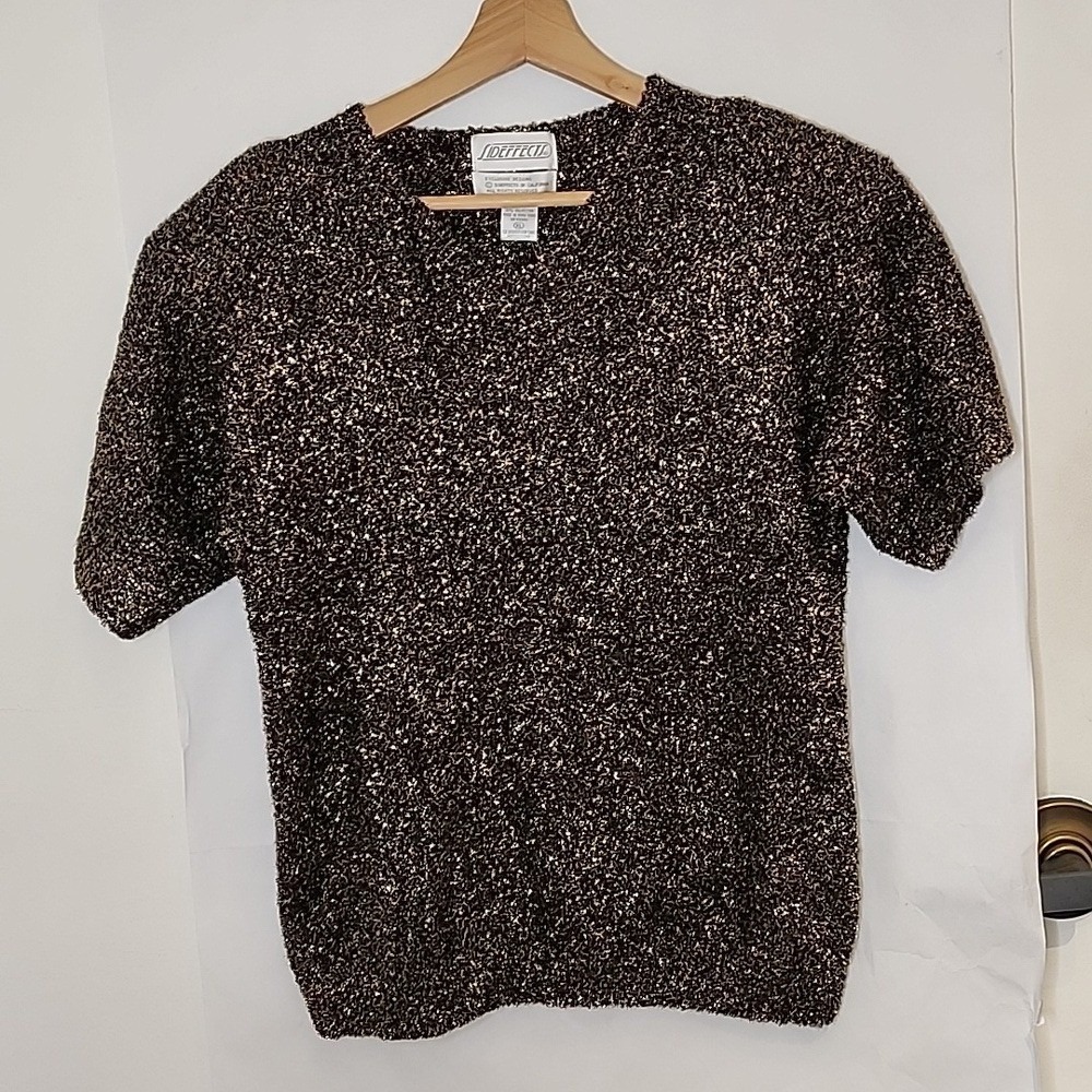 Vintage Sideffects 80s Metallic Sweater XL Gold Black Nylon Blend NWT Disco